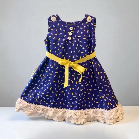 Handmade 4T Blue Dress with Yellow Accents & Eyelet Lace Trim - Picture 1 of 5